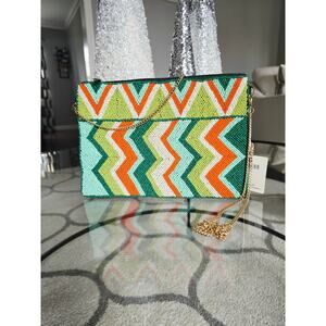 Kay Lee Beaded Green Zig Zag Crossbody Bag New